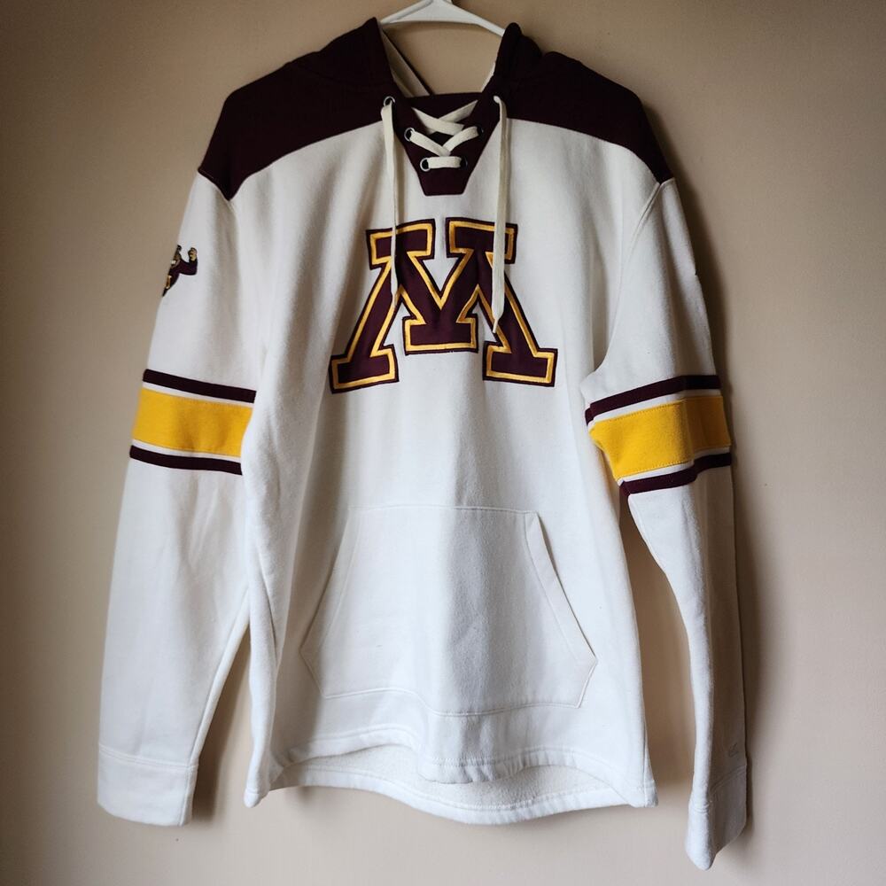 MN Golden Gophers Hooded Sweatshirt Mens Size Large Hockey Style Cream Hoodie